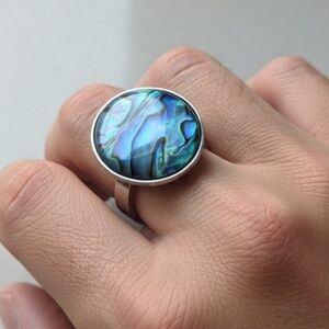 NEW MEN’S Abalone Statement Ring Silver Boho Iridescent Shell Jewelry GIFT him